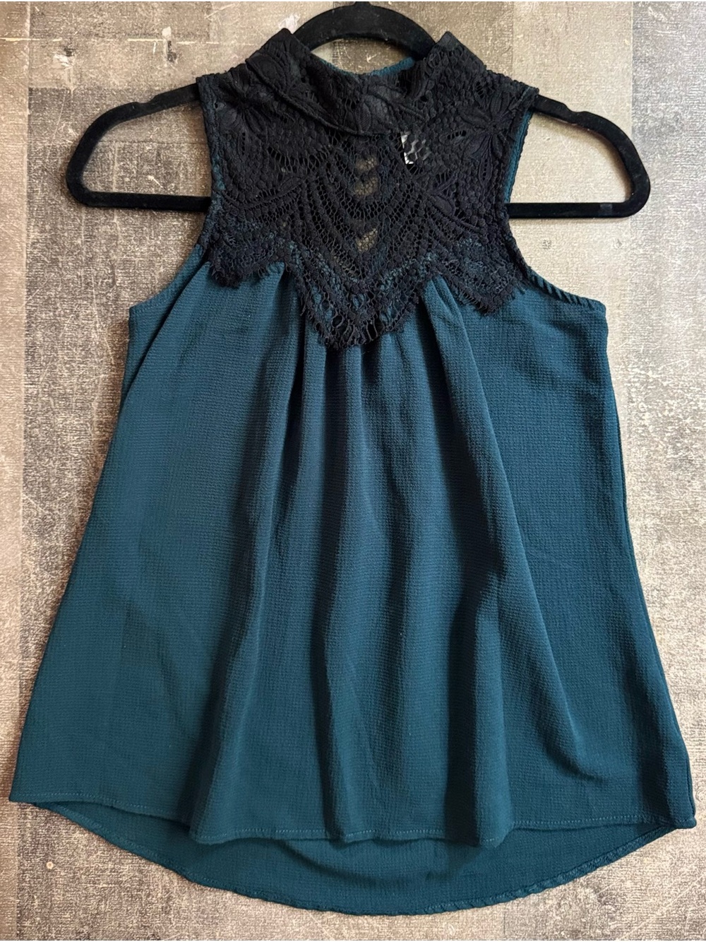 Vanity Teal Tank with Black Lace High Neck Keyhole in the back